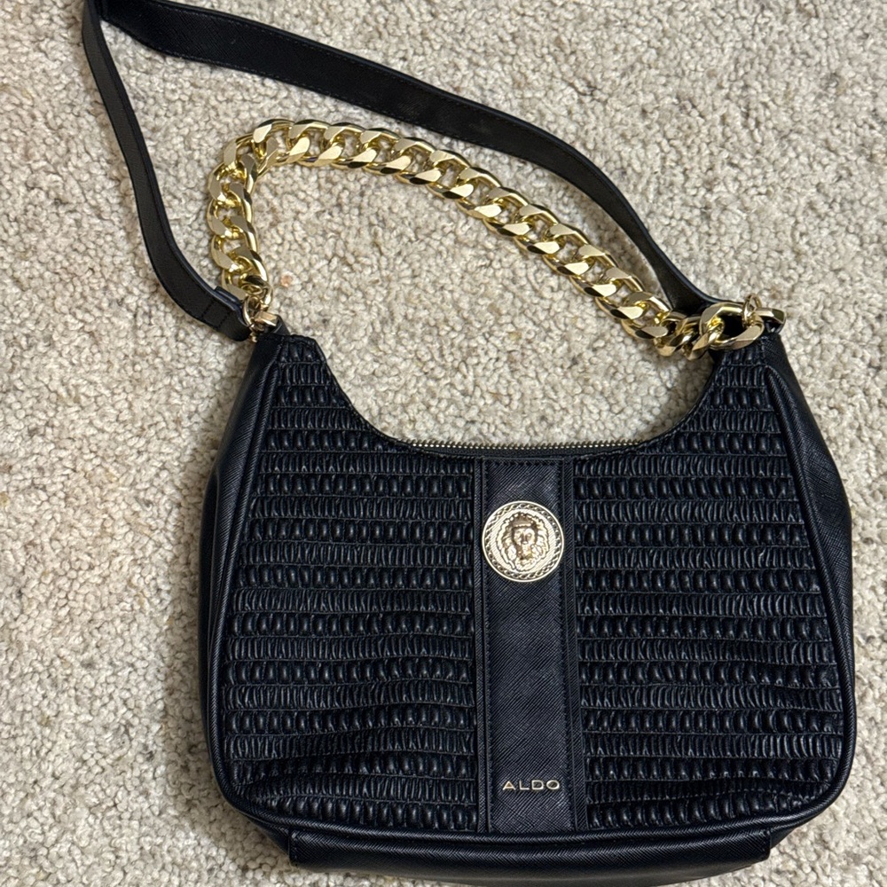 ALDO Black Shoulder Bag Gold Chain Strap Lion Medallion Accent Purse